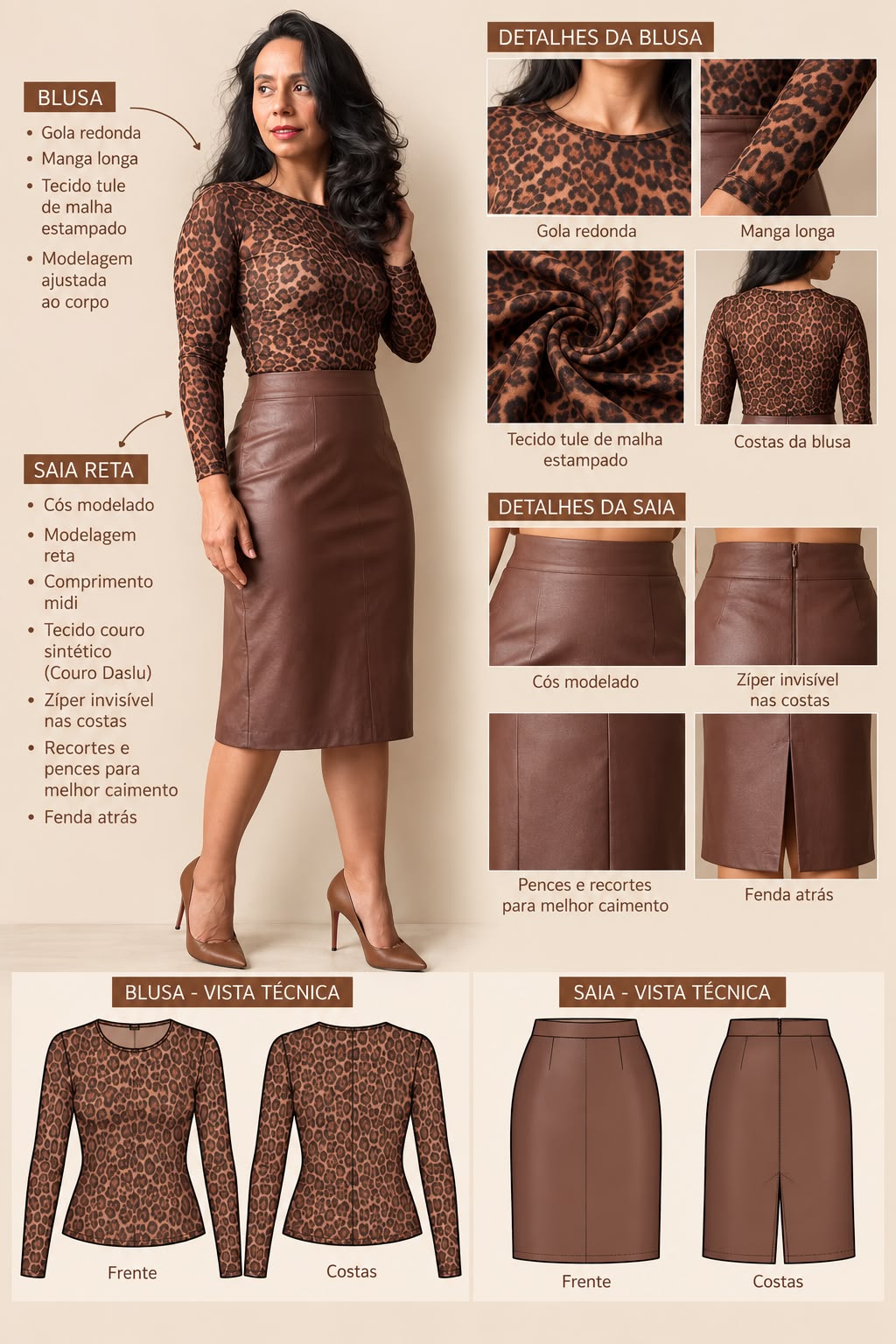 Detalhes técnicos da blusa e da saia: tecido, cós, zíper invisível, pences, fenda e vistas técnicas